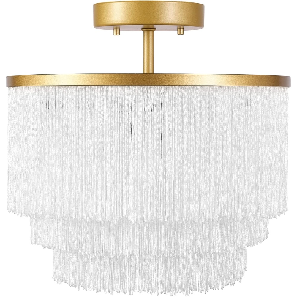 image:imageGlobe Electric 65892 1Light Flush Mount Ceiling Light Matte Gold White Fabric Fringe Shade Bulb Not IncludedPack of 1