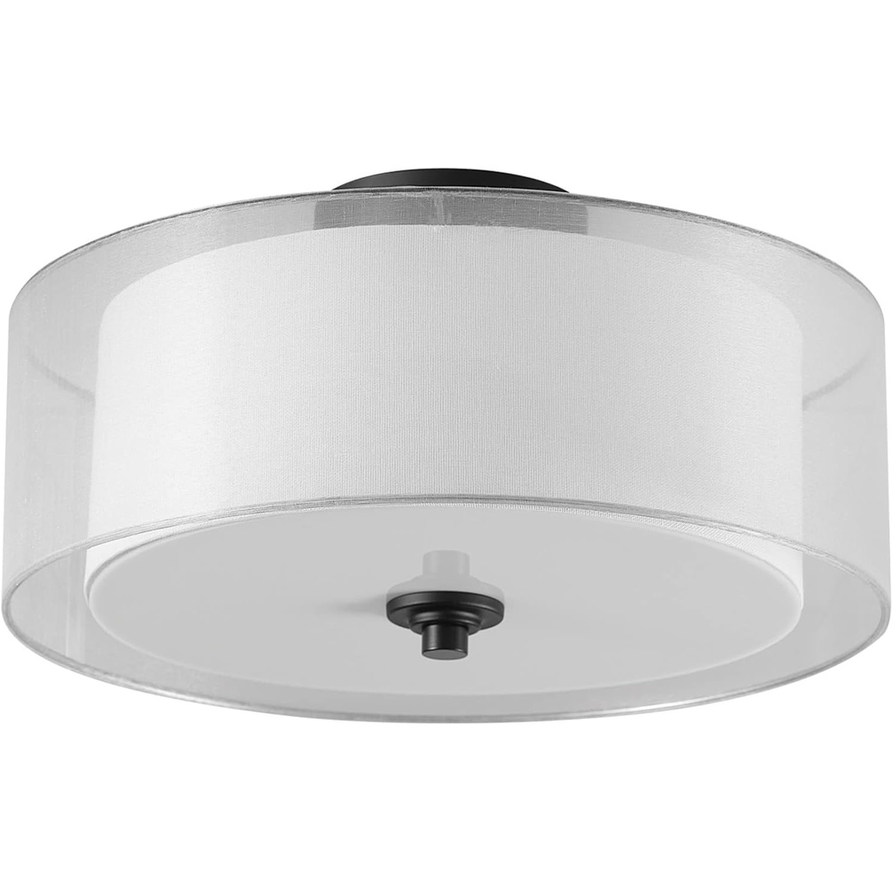 image:imageGlobe Electric 65895 2Light SemiFlush Mount Ceiling Light Matte Black Linen Inner Fabric White Organza Outer Shade Bedroom Lighting Fixtures Ceiling Lighting for Hallway or Dining Room