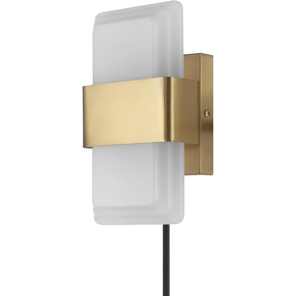 image:imageGlobe Electric 65923 Elowen 1Light LED Integrated Plugin or Hardwire Wall Sconce Frosted Acrylic Shade Matte Brass Finish 19W 500 LM 3000 K 90 CRI 6ft Cord inLine OnOff Rocker Switch