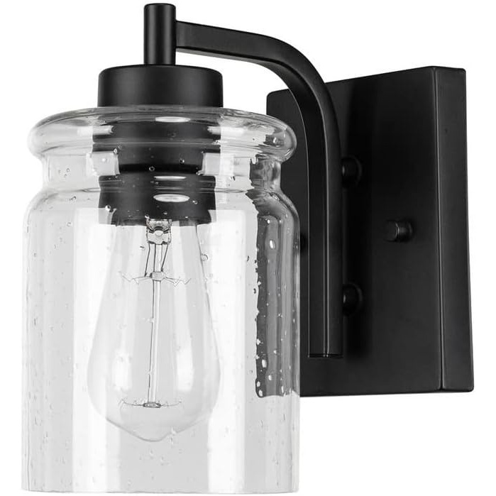 image:imageGlobe Electric Crowe 1Light Outdoor Wall Sconce Matte Black Seeded Glass Shade