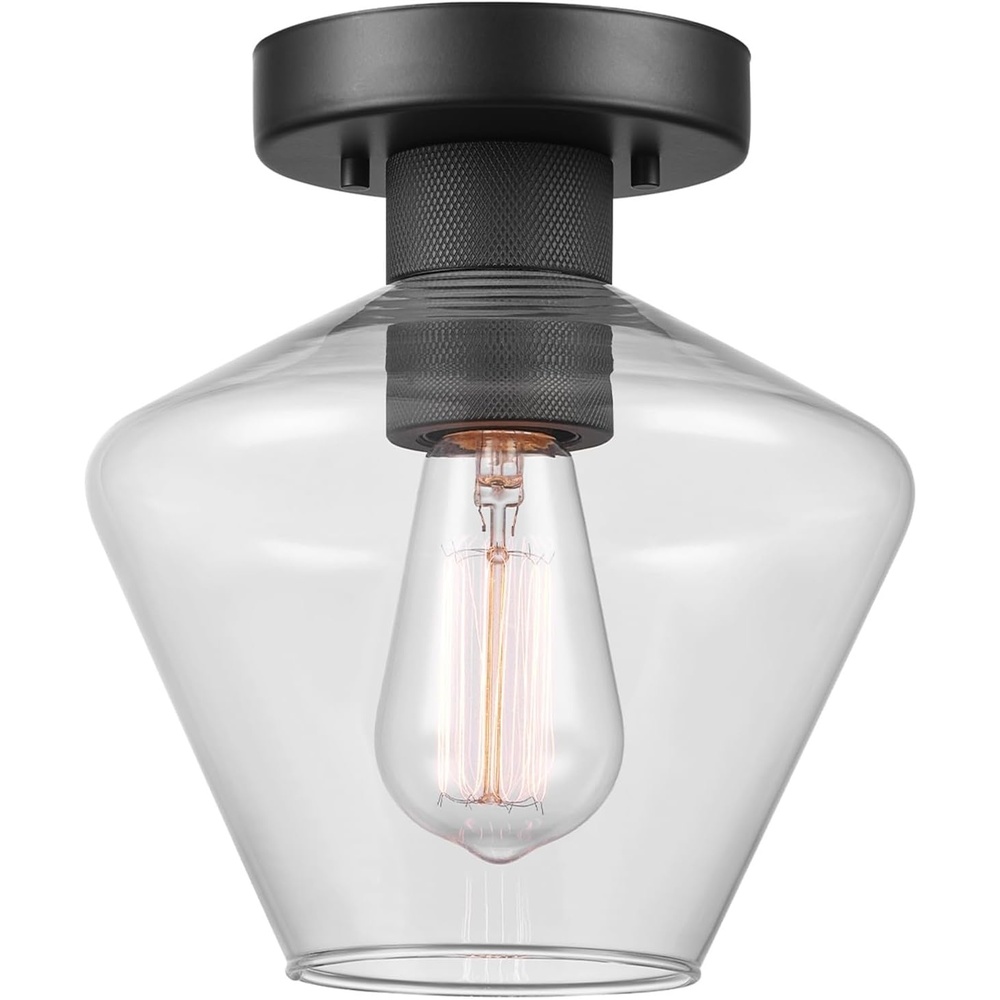 image:imageGlobe Electric Harrow 1Light SemiFlush Mount Ceiling Lighting Matte Brass Clear Glass ShadeMatte Black Harling