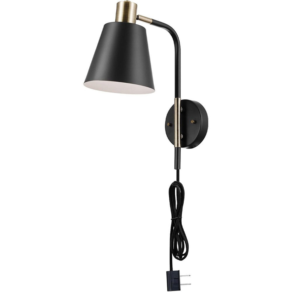 image:imageGlobe Electric Plugin or Hardwire Wall Sconce Matte Black Shade Matte Brass Accents Braided Cord 65000102Antique Brass Cleo