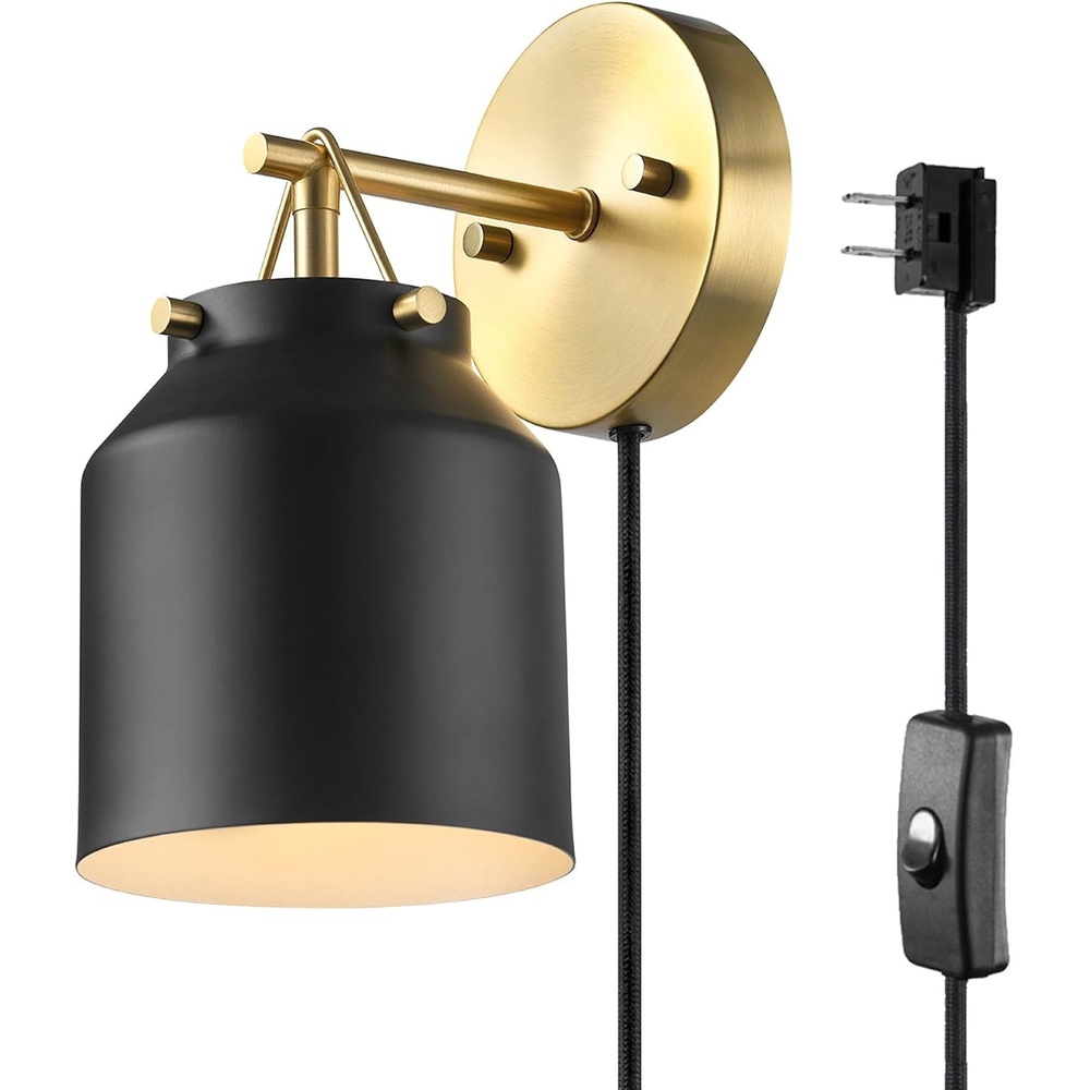 image:imageGlobe Electric Plugin or Hardwire Wall Sconce Matte Black Shade Matte Brass Accents Braided Cord 65000102Black Sacha
