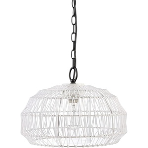 GLOBE Electric 44760 1-Light Outdoor Plug-in Pendant Light, White Woven Fabric Shade, Matte White, Designer White Fabric Hanging Cord, Kitchen Island, Cafe, Ceiling Light, Bulb Not Included