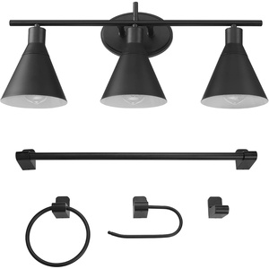 GLOBE Electric 63000058 5-Piece All-in-One Bathroom Accessory Set, Brass & Black, 3-Light Vanity Light, Towel Bar, Toilet Paper Holder, Towel Ring, Robe Hook, Bathroom Lights Over Mirror(Matte Black  Tristan (5-Piece))