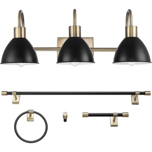 GLOBE Electric 63000058 5-Piece All-in-One Bathroom Accessory Set, Brass & Black, 3-Light Vanity Light, Towel Bar, Toilet Paper Holder, Towel Ring, Robe Hook, Bathroom Lights Over Mirror(Matte Brass  Ivy (5-Piece))
