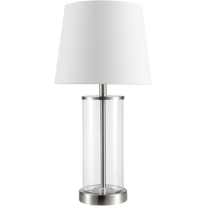 Globe Electric 15″ Ceramic Table Lamp, Matte Black Base, Wood-Toned Accent, White Linen Shade, Dual Rotary Switch, Modern Bedroom or Office Lighting, 61000046(Steel  Clear)