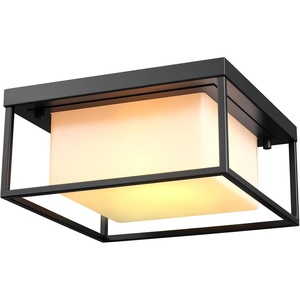 Globe Electric 44480 Brisbane 1-Light Outdoor Indoor Flush Mount Ceiling Light, Matte Black, Frosted Glass Shade, Bulb Not Included(Black  Bruno)