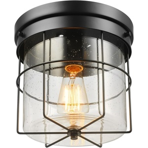 Globe Electric 44480 Brisbane 1-Light Outdoor Indoor Flush Mount Ceiling Light, Matte Black, Frosted Glass Shade, Bulb Not Included(Black  Grid)