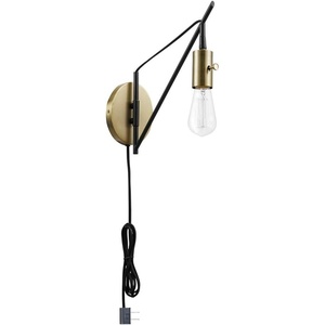 Globe Electric 51343 1-Light Plug-in or Hardwire Wall Sconce, Bronze Finish, Brass Accents, 6ft Black Woven Fabric Cord, Flat Plug, Socket Rotary On/Off Switch, Bulb Not Included(12″)