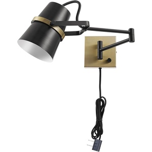 Globe Electric 51345 1-Light Plug-in or Hardwire Swing Arm Wall Sconce, Matte Black, Brass Accents, 6ft Woven Fabric Cord, Flat Plug, Rotary Switch, Modern Light for Apartments and Rental(Matte Black  McKibbin)