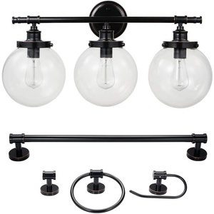 Globe Electric 51523 5-Piece All-in-One Bathroom Set, Oil Rubbed Bronze, 3-Light Vanity Light & Bulbs, Glass Shades, Towel Bar, Toilet Paper Holder, Towel Ring, Robe Hook, Bathroom Lights Over Mirror