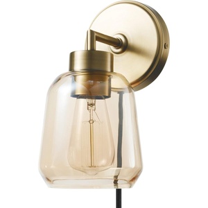 Globe Electric 51715 1-Light Plug-in or Hardwire Wall Sconce, Matte Brass, Smoked Amber Glass Shade, Black Fabric Cord, in-Line On/Off Switch, Bedroom, Living Room, Mounted Bedside Lamp(Salma (Brass))