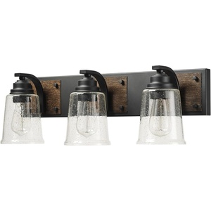 Globe Electric 51853 3-Light Vanity Light, Dark Bronze, Antique Brass Accents, Clear Glass Shade, Beauty Room Accessories, Bathroom Lights Over Mirror, Makeup Mirror Lights, Bulb Not Included(Dark Faux Wood)