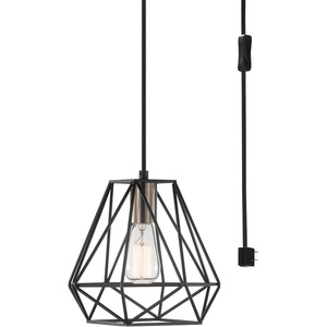 Globe Electric 60846 1-Light Plug-in or Hardwire Pendant Lighting, Dark Bronze, Antique Brass Accent Socket, Cage Shade, 15-Foot Black Fabric Cord, in-Line On/Off Switch, Bulb Not Included(Dark Bronze)