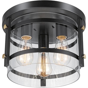 Globe Electric 60870 2-Light Flush Mount Ceiling Light, Matte Black, Brass Accents, Clear Glass Shade, Modern Lighting for Hallway, Bedroom, or Living Room, E26 Base Bulbs Not Included(Dark Bronze  Brass)