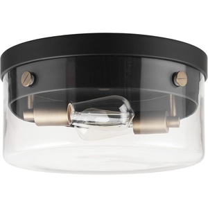 Globe Electric 60870 2-Light Flush Mount Ceiling Light, Matte Black, Brass Accents, Clear Glass Shade, Modern Lighting for Hallway, Bedroom, or Living Room, E26 Base Bulbs Not Included(Matte Black  Brass)