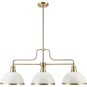 Globe Electric 60885 3-Light Linear Chandelier, Matte White, Brass Accents, Adjustable Hanging Height, Sloped or Vaulted Ceiling, Modern Dimmable Lighting for Kitchen Island or Dining Room(Matte White (3-Light))
