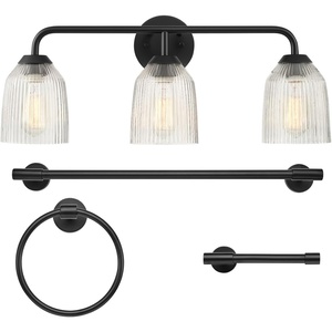 Globe Electric 63000200 22″ 3-Light Vanity Light, Matte Black, Matte Brass Accents, Glass Shades, Beauty Room Accessories, Lights for Bathroom, Powder Room Lighting, Bathroom Lights Over Mirror(Matte Black  Ribbed Glass Shades)
