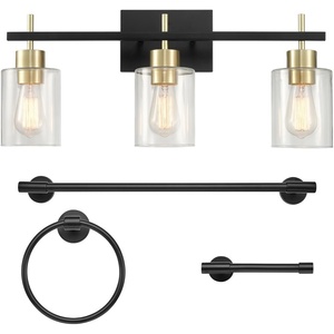 Globe Electric 63000200 22″ 3-Light Vanity Light, Matte Black, Matte Brass Accents, Glass Shades, Beauty Room Accessories, Lights for Bathroom, Powder Room Lighting, Bathroom Lights Over Mirror(Matte Black  Matte Brass Accents)