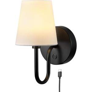 Globe Electric 65000043 1-Light Plug-in or Hardwire Wall Sconce, Matte Black, White Fabric Shade, Swing Arm, 6ft Black Braided Fabric Cord, On/Off Pull Chain, Wall Lights for Living Room, Home Décor(Matte Black  Marissa)