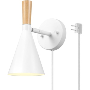 Globe Electric 65000147 1-Light Plug-in or Hardwire Wall Sconce, Matte White, Light Wood-Toned On/Off Rotary Switch on Pivoting Shade, 6ft White Braided Fabric Cord, Wall Lights for Living Room