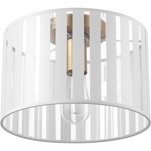 Globe Electric 65788 Brooklyn 1-Light Flush Mount Ceiling Light, Matte Brass, Clear and White Striped Plastic Shade