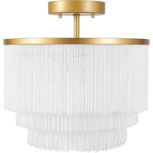 Globe Electric 65892 1-Light Flush Mount Ceiling Light, Matte Gold, White Fabric Fringe Shade, Bulb Not Included((Pack of 1))
