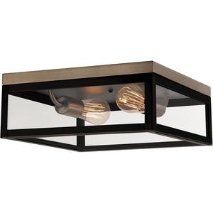 Globe Electric 65917 2-Light Flush Mount Ceiling Light, Dark Bronze, Dark-Wood Finish Accents, 5 Seeded Glass Panes, Bedroom Lighting Fixtures Ceiling, Lighting for Hallway or Dining Room(Dark Bronze  Antique Brass)