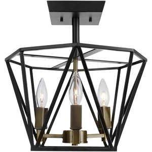 Globe Electric 65979 Sansa 3-Light Semi-Flush Mount Ceiling Light, Dark Bronze Finish, Antique Brass Accents