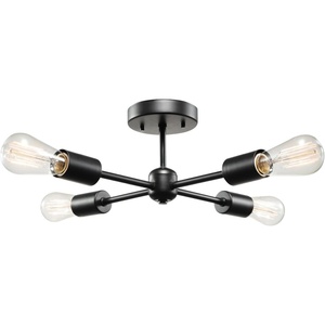 Globe Electric 66000072 4-Light Adjustable Socket Semi-Flush Mount Ceiling Light, Matte Black, Matte Brass Accents, Ceiling Light Fixture, Home Improvement, E26 Base, Pivot Joint, Exposed Socket(Black)