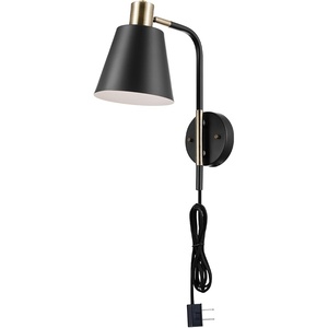 Globe Electric Plug-in or Hardwire Wall Sconce, Matte Black Shade, Matte Brass Accents, Braided Cord, 65000102(Antique Brass  Cleo)