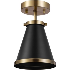 Globe Electric x Novogratz 65789 1-Light Semi-Flush Mount Ceiling Light, Matte Black, Brass Accent, Bedroom Lighting Fixtures Ceiling, Dining Room Fixture, Lighting for Hallway or Dining Room