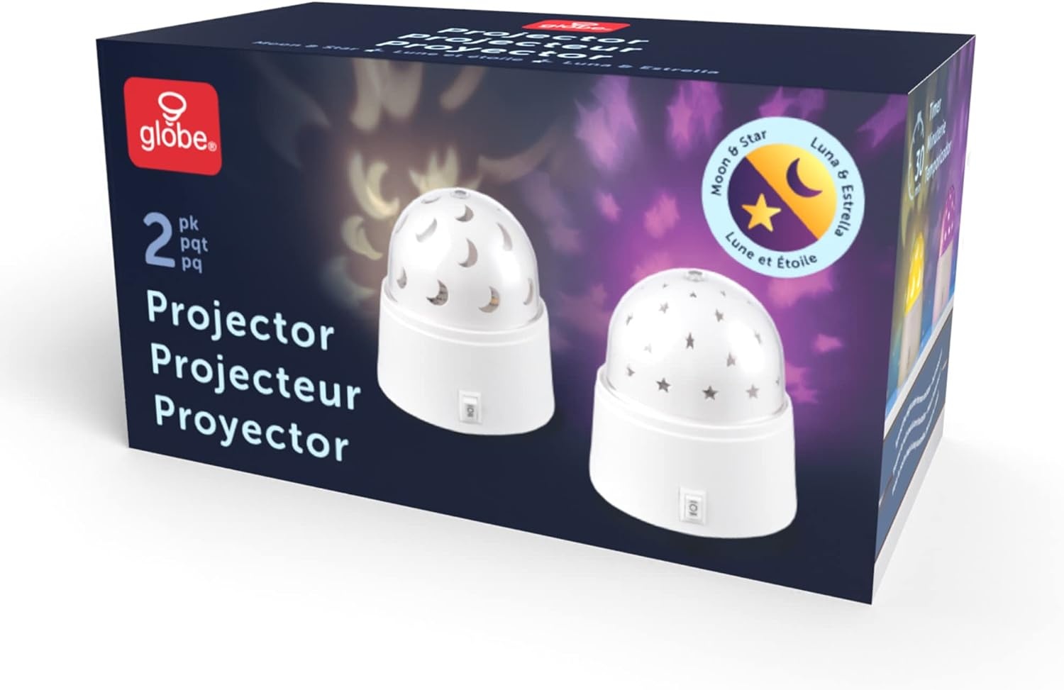 image:imageGLOBE Electric 13767 Rotating Projector Star and Moon LED Integrated Night Lights 2Pack 1x Star 1x Moon Battery Operated 30 Min Timer Onof Button White Finish