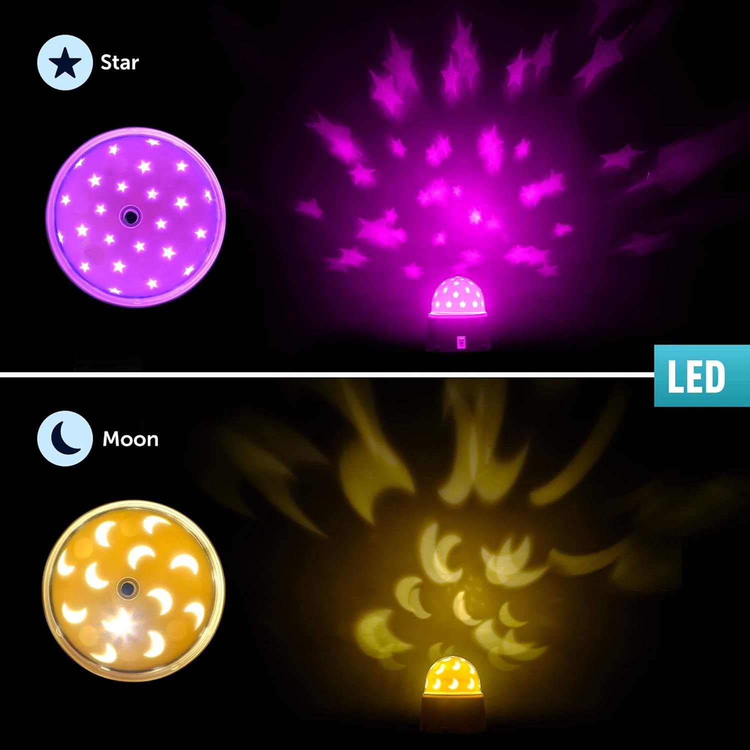 image:imageGLOBE Electric 13767 Rotating Projector Star and Moon LED Integrated Night Lights 2Pack 1x Star 1x Moon Battery Operated 30 Min Timer Onof Button White Finish