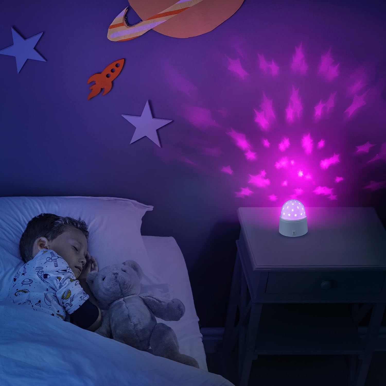 image:imageGLOBE Electric 13767 Rotating Projector Star and Moon LED Integrated Night Lights 2Pack 1x Star 1x Moon Battery Operated 30 Min Timer Onof Button White Finish