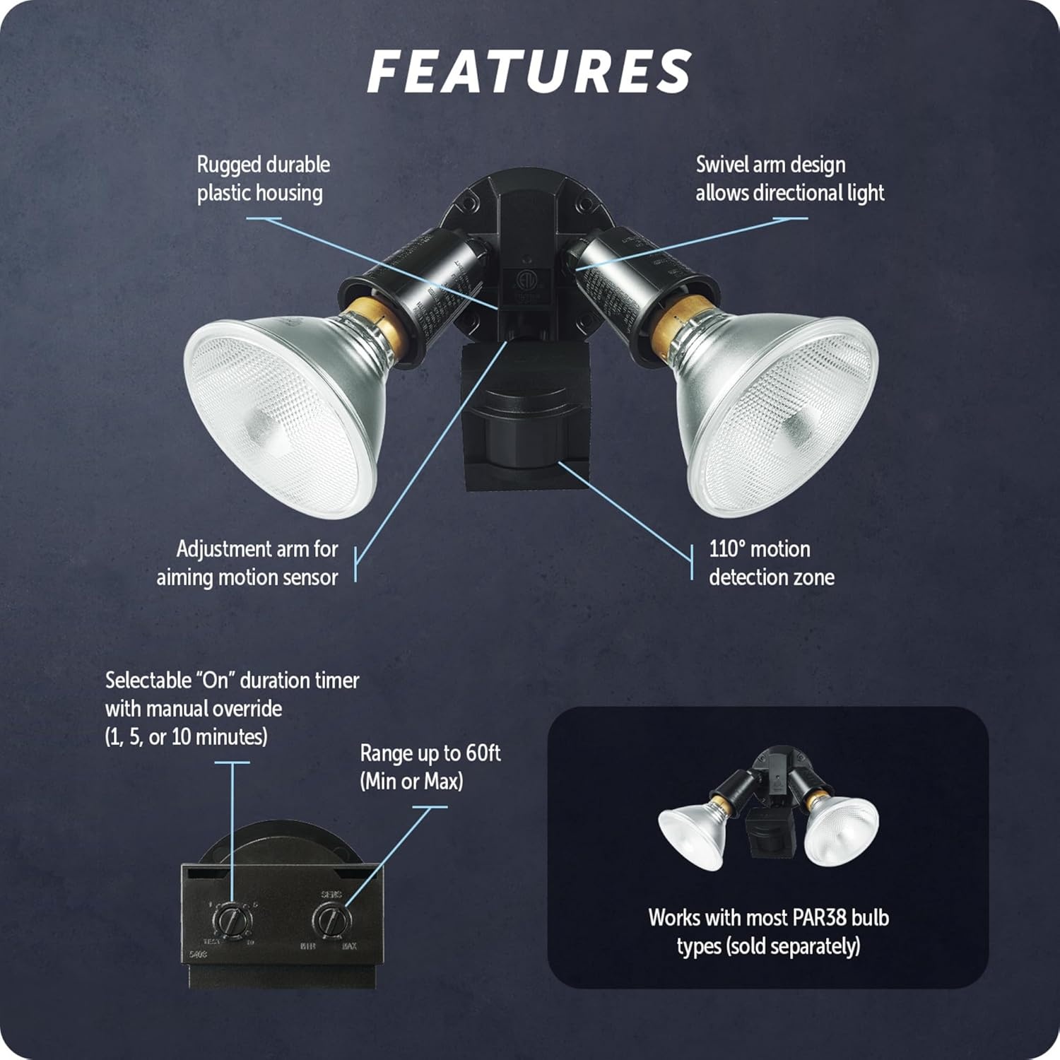 image:imageGLOBE Electric 240W Twin Head Motion Sensor Security Flood Light 110 Detection 60Ft Range Hardwired Bronze Finish Weather Resistant Outdoor Light 17000268