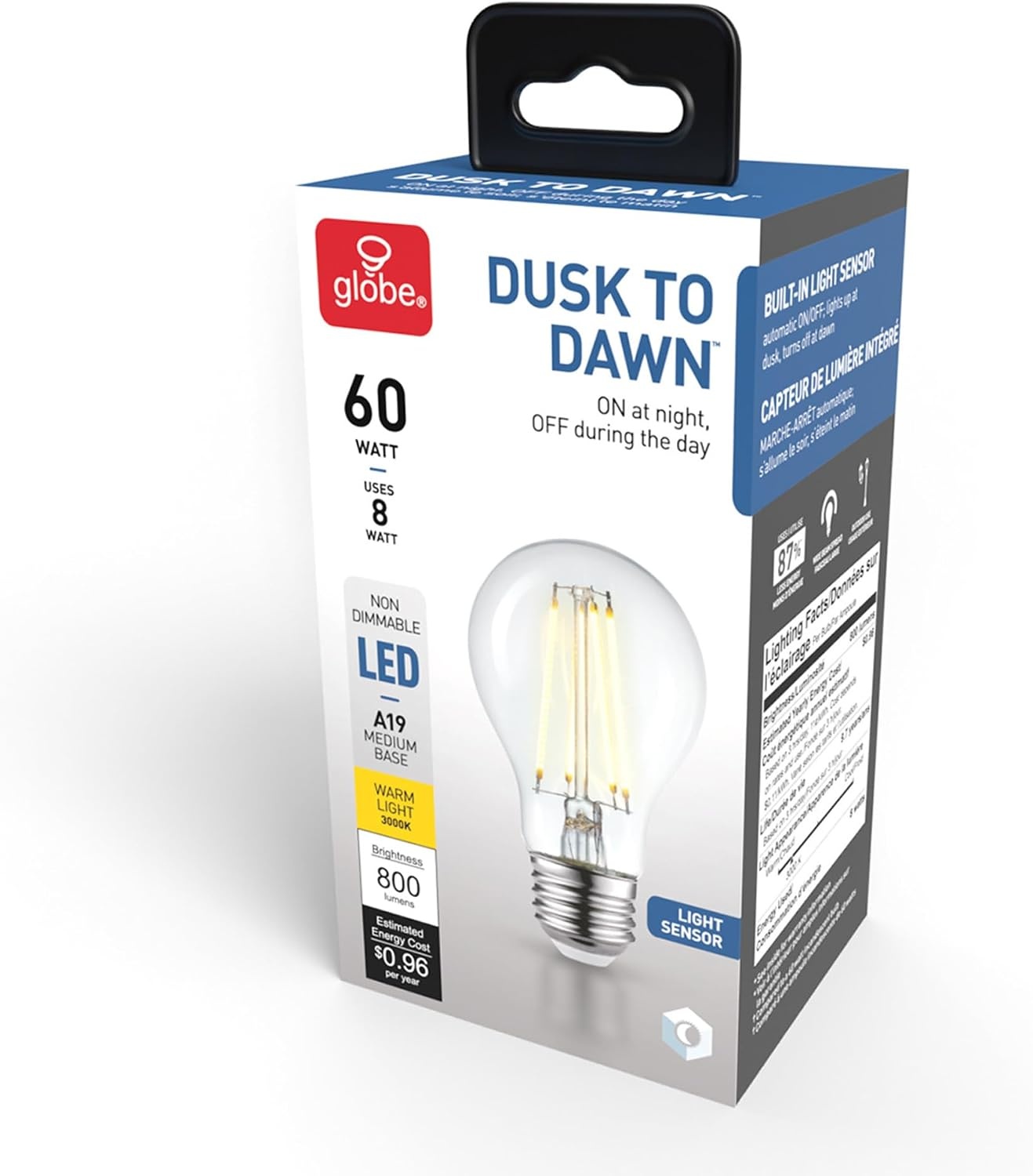 image:imageGLOBE Electric 35593 60W Equivalent Warm White 3000K A19 Dusk to Dawn NonDimmable LED Light Bulb E26 Base 800 Lumens