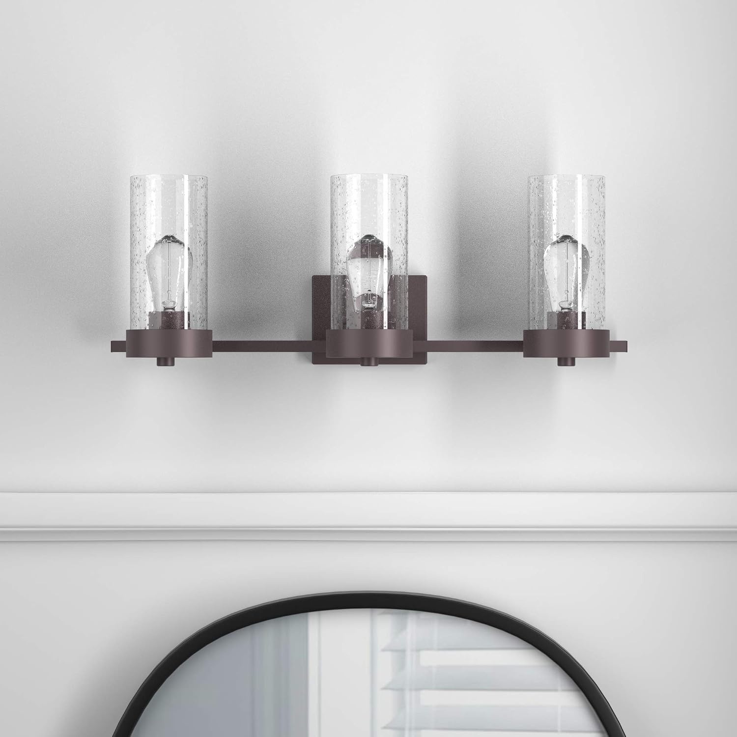 image:imageGLOBE Electric 51633 Axel 3Light Vanity Light Bronze Seeded Glass Shades Bulbs IncludedBronze