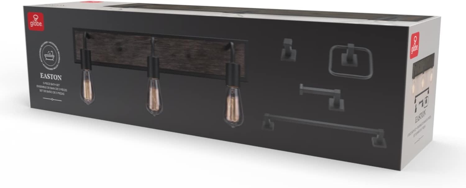 image:imageGLOBE Electric 51863 Auckland 5Piece AllinOne Bathroom Set Black Faux Wood 3Light Vanity Light with Seeded Glass Shades Towel Bar Towel Ring Robe Hook Toilet Paper Holder