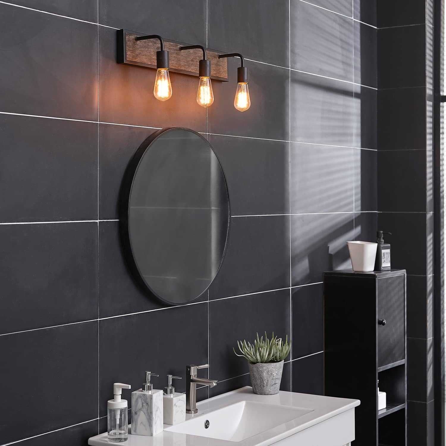 image:imageGLOBE Electric 51863 Auckland 5Piece AllinOne Bathroom Set Black Faux Wood 3Light Vanity Light with Seeded Glass Shades Towel Bar Towel Ring Robe Hook Toilet Paper Holder