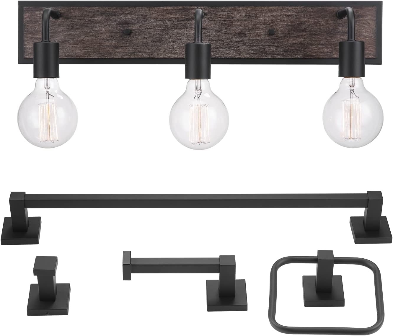 image:imageGLOBE Electric 51863 Auckland 5Piece AllinOne Bathroom Set Black Faux Wood 3Light Vanity Light with Seeded Glass Shades Towel Bar Towel Ring Robe Hook Toilet Paper Holder