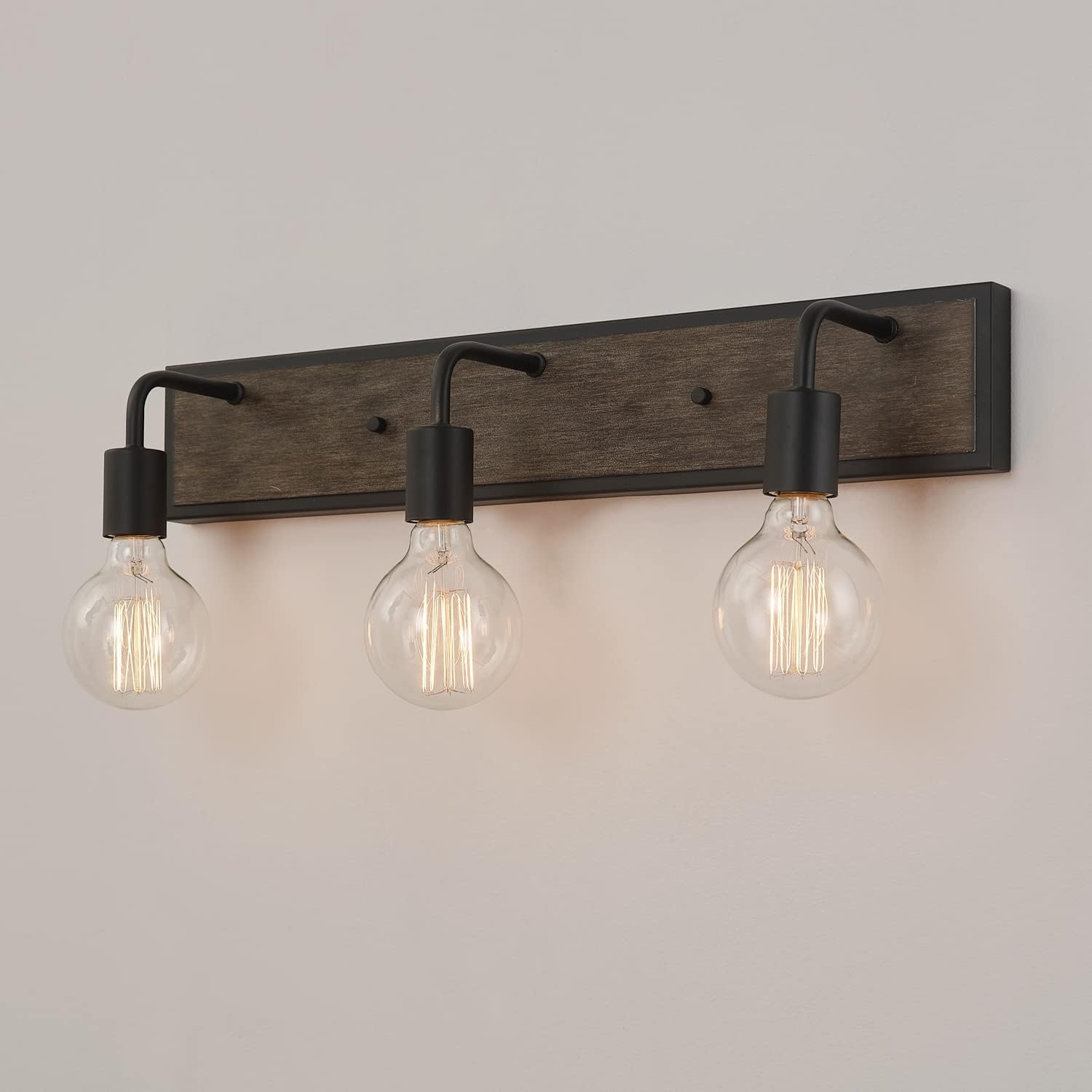 image:imageGLOBE Electric 51863 Auckland 5Piece AllinOne Bathroom Set Black Faux Wood 3Light Vanity Light with Seeded Glass Shades Towel Bar Towel Ring Robe Hook Toilet Paper Holder