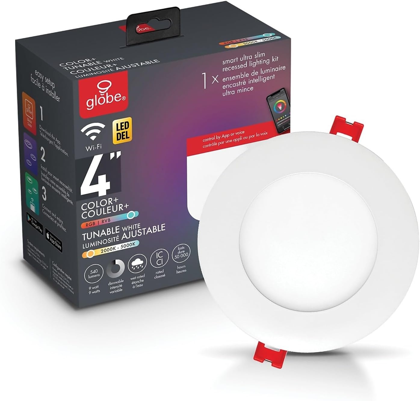 image:imageGLOBE Electric Collection WiFi Smart 4 Ultra Slim Multicolor Changing RGB Tunable White Recessed Lighting Kit No Hub Required Voice Activated 9W 50068 4 Inches