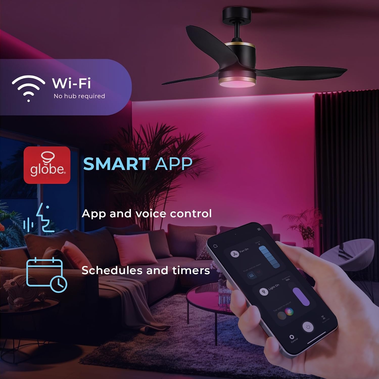 image:imageGLOBE Electric Edinburgh 48 in Smart Ceiling Fan with LED Light Remote Control Whisper Quiet DC Motor 6 Speeds Black with Brass Accents
