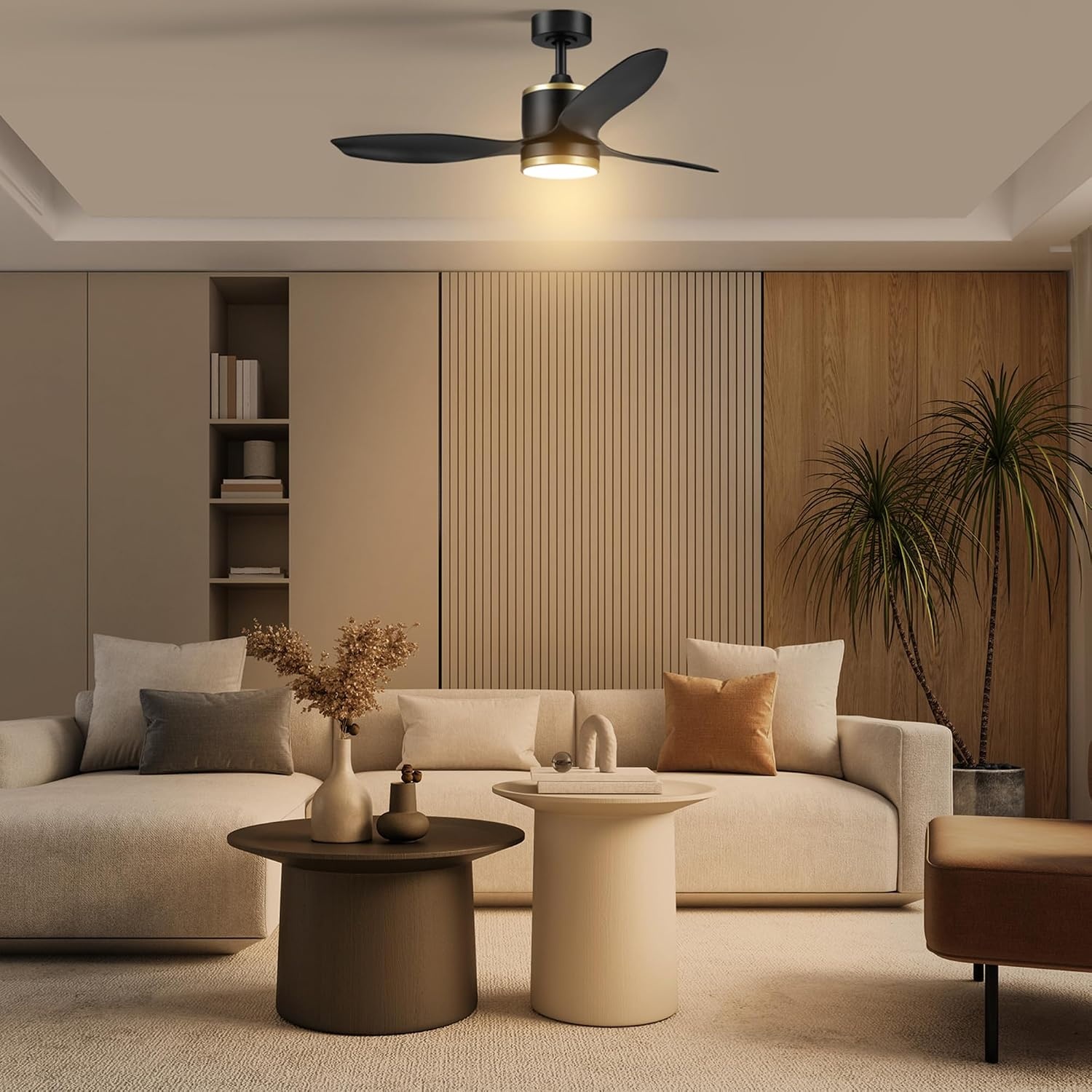 image:imageGLOBE Electric Edinburgh 48 in Smart Ceiling Fan with LED Light Remote Control Whisper Quiet DC Motor 6 Speeds Black with Brass Accents
