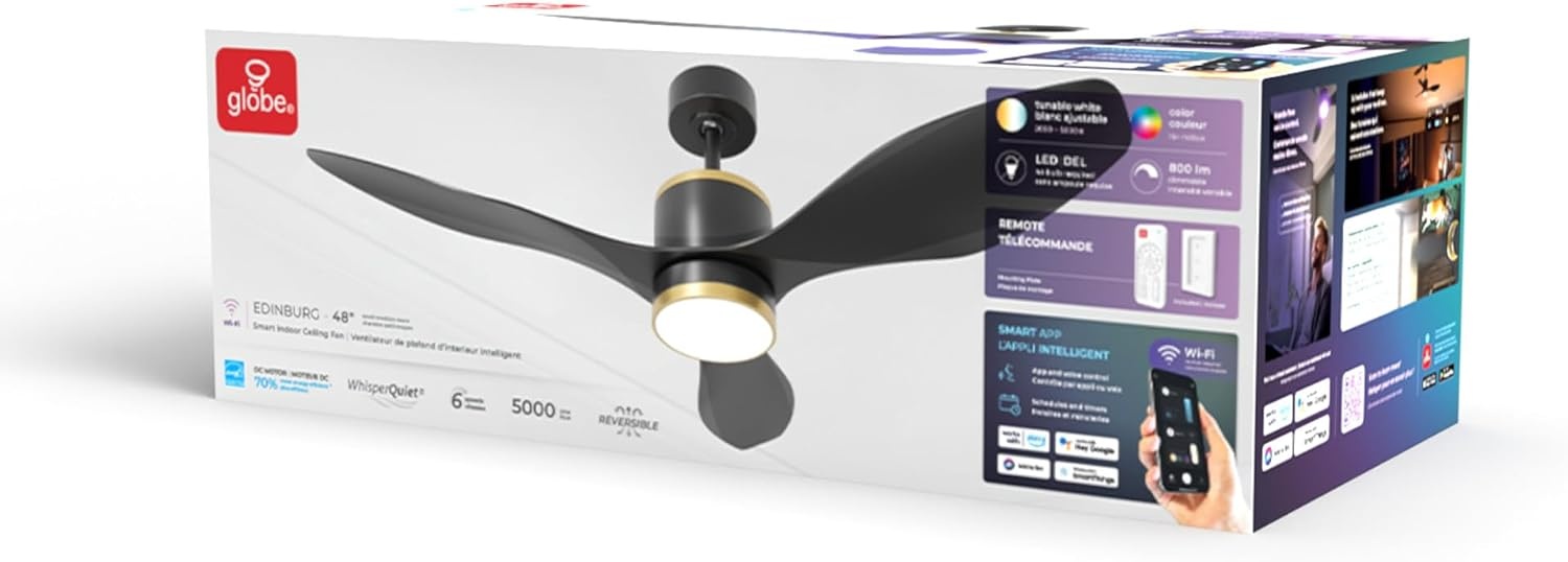 image:imageGLOBE Electric Edinburgh 48 in Smart Ceiling Fan with LED Light Remote Control Whisper Quiet DC Motor 6 Speeds Black with Brass Accents