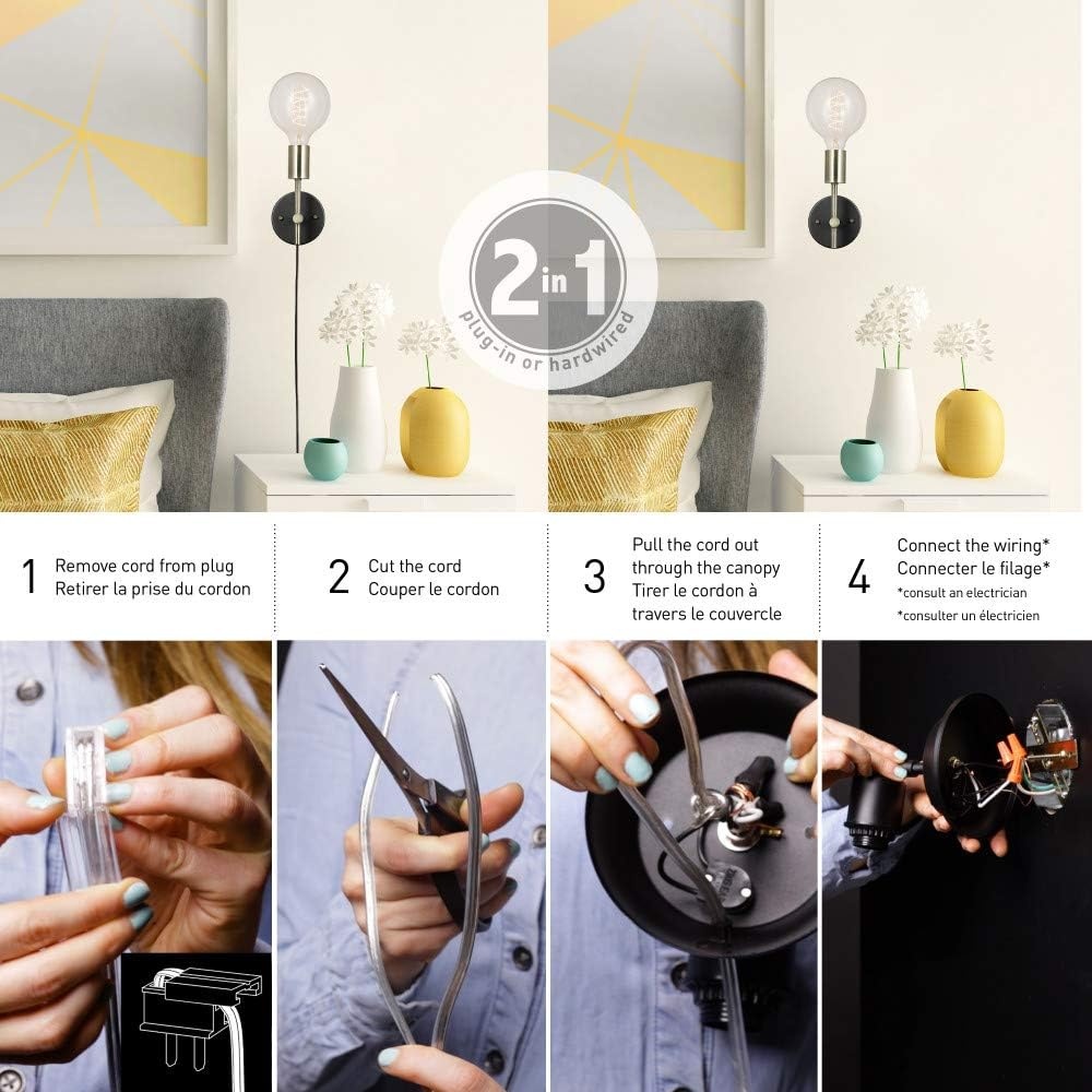 image:imageGLOBE Electric Owen 1Light Plugin or Hardwire Wall Sconce Antique Brass Socket Dark Bronze Cloth Cord 51371 Bulb Not IncludedPack of 1