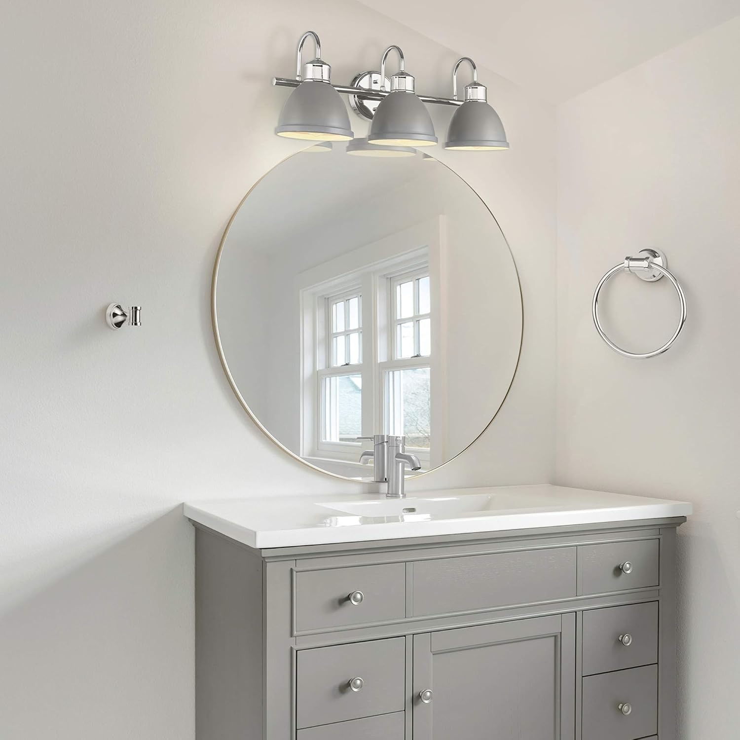 image:imageGLOBE Electric Sydney 5Piece Bathroom Set Matte Gray and Chrome 3Light Vanity Light Towel Bar Towel Ring Robe Hook Toilet Paper Holder