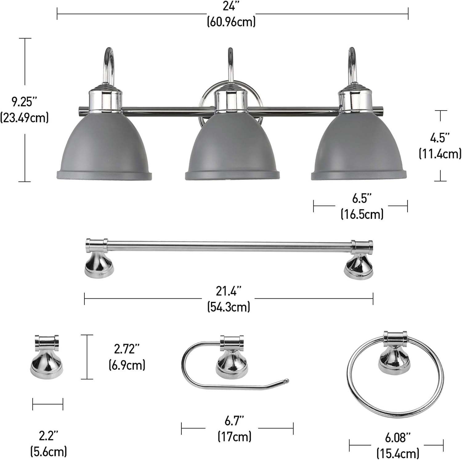 image:imageGLOBE Electric Sydney 5Piece Bathroom Set Matte Gray and Chrome 3Light Vanity Light Towel Bar Towel Ring Robe Hook Toilet Paper Holder